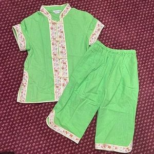 Kids Bright Green Traditional Chinese / Asian Shirt & Pant Set